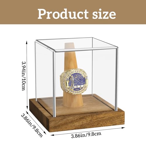Hooqict Championship Ring Display Case Clear Acrylic Ring Case Display Box UV Protected with Wood Base Stand for Sports Baseball Basketball Softball Football Single Ring Holder Coin Stand - size: 1 Pack