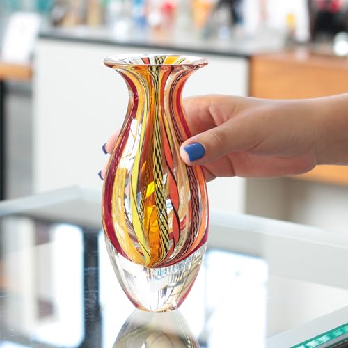 Ca D Oro Small Glass Vase Boho with Red/Yellow Canes Hand Blown Murano-Style Art Glass - Model Nº 2 - color: Small Red Model 2