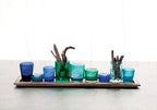 Creative Co-Op Wood Tray with 9 Blue & Green Glass Votive Holders - color: Blues