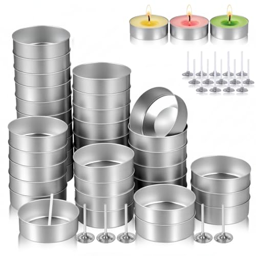 TEHAUX 100pcs Aluminum Tea Lights Cups with Wicks, Empty Tea Light Candle Tins for Candle Making Supplies, Silver Metal Tealight Holders for DIY Crafts and Party Decor (1.5 Inch)