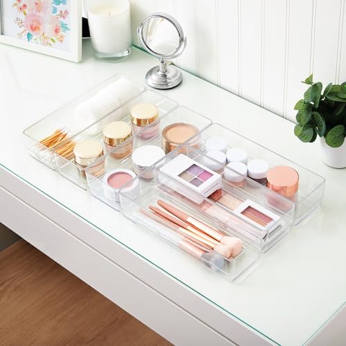STORi SimpleSort 6-Piece Stackable Clear Drawer Organizer Set | 9" x 3" x 2" Rectangle Trays | Narrow Makeup Vanity Storage Bins and Office Desk Drawer Dividers | Made in USA - size: 9x3x2" (Set of 6)