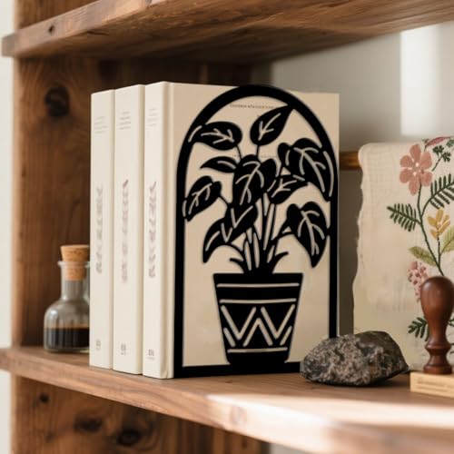 Peacoblue Metal Bookends for Shelves, Modern Decorative Heavy Duty Study Book Ends Stoppers for Office, Desk, Shelf, Room 5.3"x4.3"x7.9" Cast Iron Simple Tall Bookends 1 Pair (Potted Plants) - style: Potted Plants