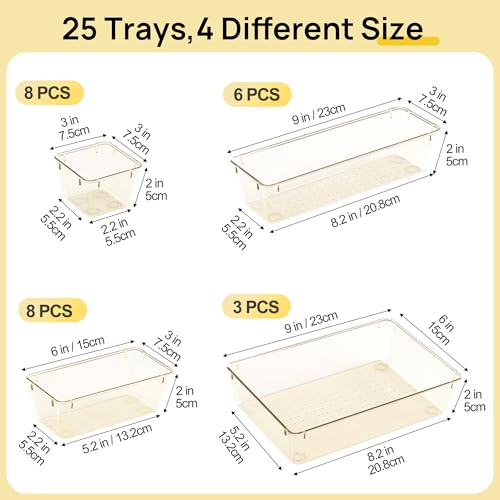 Vtopmart 25 PCS Clear Plastic Drawer Organizers Set, 4-Size Versatile Bathroom and Vanity Drawer Organizer Trays, Storage Bins for Makeup, Bedroom, Kitchen Gadgets Utensils and Office - color: Clear Champagne