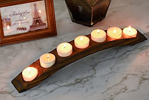 Long Wooden Bridge Tealight Candle Holder, 7 Holes - Candle Centerpieces for Tables - Rustic Wooden Color - color: Rustic Wooden Color