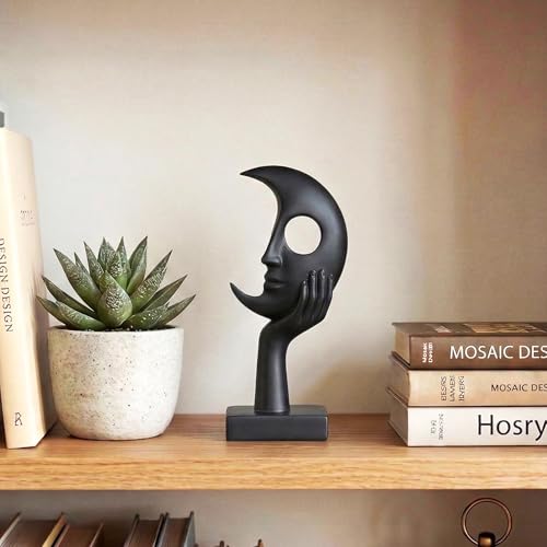 Abstract Face Sculpture, White Matte Finish, Modern Tabletop Statue with Hand on Chin, Freestanding Home Decor - color: Black, size: Small