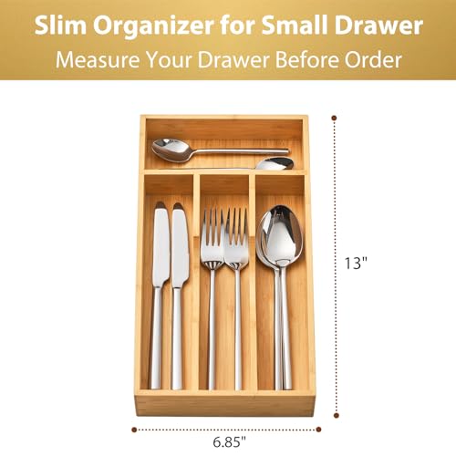 Umilife Bamboo Kitchen Drawer Organizer, 7 Inch Silverware Utensils Tray Holder for Small Drawer, Wood Caddy for Flatware Cutlery Knives - size: 7 x 13 inch (4 Slots)