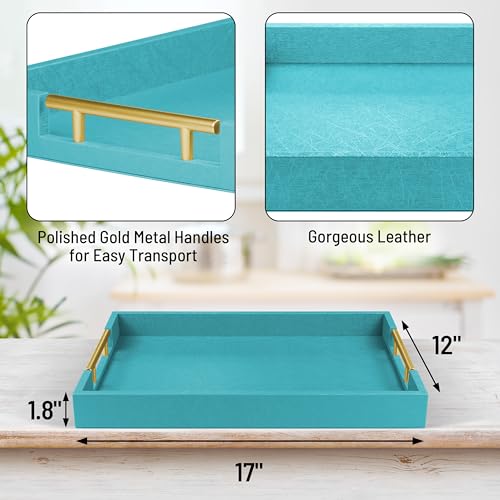 17" x 12" Wood Serving Tray with Gold Polished Metal Handles, Home Decorative Wooden Rectangle Ottoman Leather Decor Platter Bathroom Vanity Tray for All Occasions Blue - color: Blue