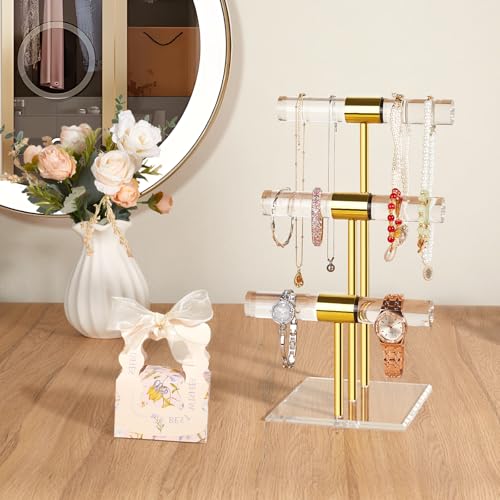 3-Tier Necklace Holder Bracelet Holder, Gold Acrylic Jewelry Display Stand Crystal T Bar Jewelry Organizer Gift for Women - style: 3-Tier 1pc