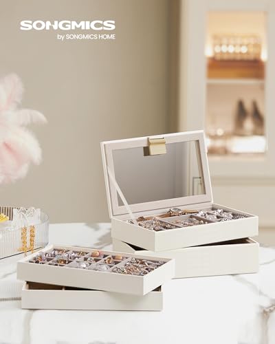 SONGMICS Stackable Jewelry Trays, 4-Tier Jewelry Box, Drawer Jewelry Organizer, with Glass Lid, Removable Dividers, for Vanity Table, 6.7 x 11 x 7.2 Inches, Gift Idea, Cloud White UJBC164W01 - color: Cloud White