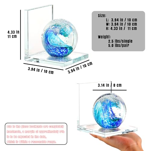 Book Ends for Shelves, Glass Bookends with Deep Ocean Blue Crystal Hand Blown Sea Wave Ball, Non Skid Sturdy Glass Decorative Bookends for Ocean Lovers, Heavy Books, Office, Set of 2 - color: Dark Blue+green
