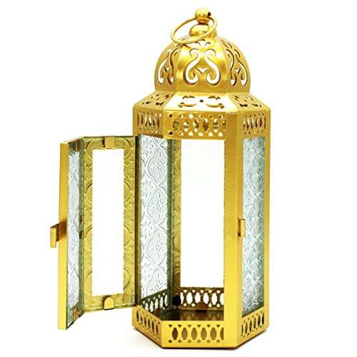 CVHOMEDECO. Decorative Candle Lantern Moroccan Lanterns Vintage Golden Metal Lantern Holder for Home Patio Outdoor Decor. Clear Glass, Medium - color: Clear G