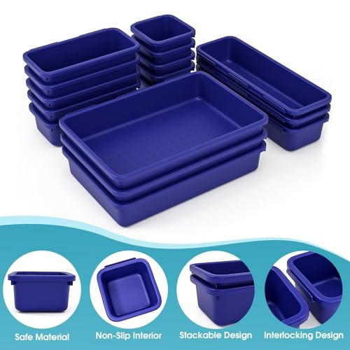 16 PCS Drawer Organizer Set, 4 Size Makeup Drawer Divider Organizer With Non-Slip Pads, Interlocking Plastic Storage Bins for Office,Jewelry Vanity,Gadgets, Bathroom,Kitchen, Navy - color: Navy, size: 16Pack