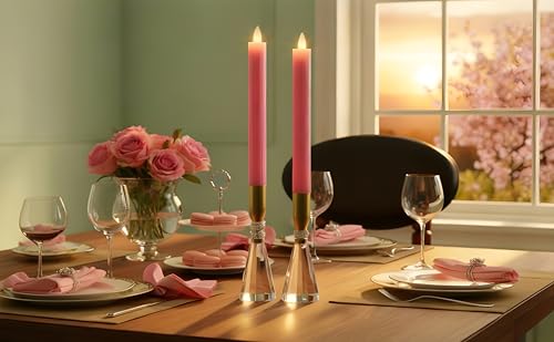 Flameless Taper Candles Flickering with Remote and Timer, 3D Moving Flame Taper Candle Battery Operated to 400 Hours, 9 Inch Window Candles, (Pink-Vertical Stripes) - color: Pink-Vertical Stripes