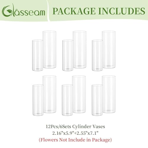 Glasseam Glass Cylinder Vase in Bulk: 12pcs Clear Small Bud Flower Vases for Centerpieces - Modern Hurricane Pillar or Floating Candle Holder for Wedding Party Table Living Room Home Decor, Tall 6"+7"