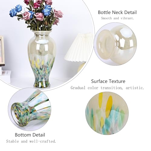 Hand Blown Glass Vase 11.8" Tall Beautiful Green Sea Wide Mouth Bud Vase for Table Centerpiece, Painted Colorful Murano Glass Flower Vases for - Home Entrance Wedding Center - color: Green