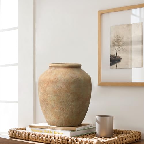 LuxenHome Rustic Ceramic Vase, 10.4" Tall Terracotta Vases with Earthy Brown Tones, Farmhouse Flower Vase for Shelf Living Room Decor, Vintage Pottery for Entry Way Table Home Decor - color: Brown B