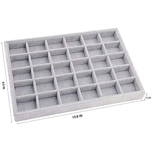 Grey Velvet Stackable 30 Compartments Jewelry Tray Showcase Display Organizer Holder Rectangle Storage Box Case Containers Chest for Women Crystal Stone,Stud Drop Earring,Watch,Bead,Trinket,Diamond - color: Grey 30 Grid
