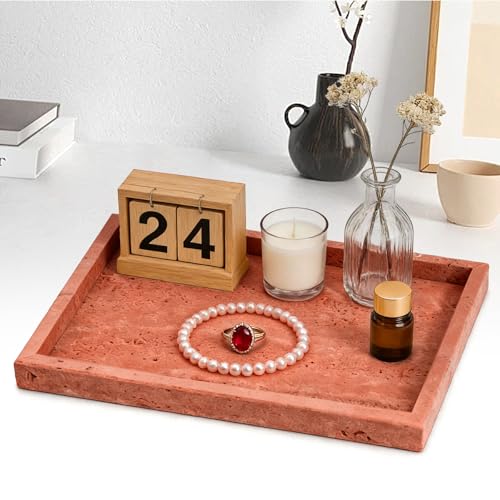Natural Marble Tray, Stone Tray for Bedroom/Bathroom/Kitchen/Vanity Countertop, Jewelry Tray for Rings Earrings Necklace Bracelet Watch, Room Decor Aesthetic - color: Red Travertine, size: 11.8" x 7.9" x 1.2"