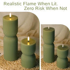 Olive Green Ribbed Flameless Pillar Candles with Remote, LED Candles Battery Operated Flickering Real Wax Set of 2 - color: Olive Green