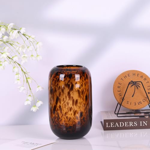 10.3in Amber Vase,Tortoise Shell Decor,Brown Glass,Round Art,Modern Clear Glass Vase,Decorative Bottles for Home Decor,Farmhouse Centerpiece,Wide for Living Room, Kitchen,Office, Dining (L) - size: Large