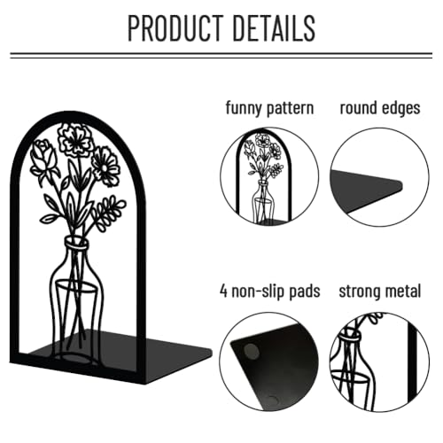 WADORN Flowers Metal Bookends for Shelves Decorative 1 Pair, Flowers Heavy Duty Books End Support Non-Skid Book Holders Black L-Shaped Book Stopper for Home Office Desk Books Divider, 4.7x3.5x7 Inch - color: Florals Vase