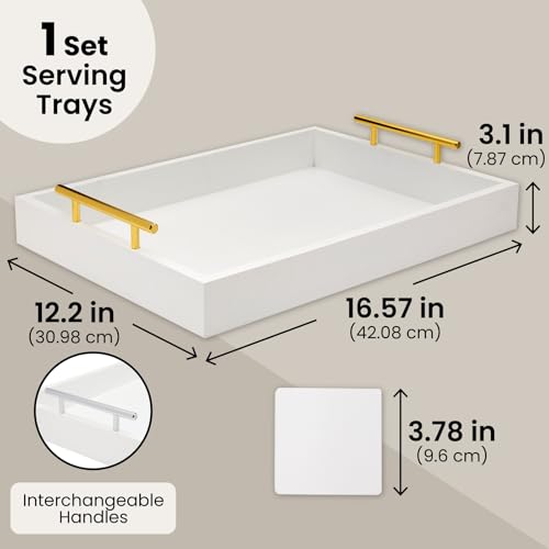 Juvale Ottoman Tray with Coasters & Interchangeable Gold & Silver Handles - 15.7" x 11.8" x 3.1" - White Rustic Wood Rectangular - Coffee Table Tray for Serving & Decorative Accents - color: White