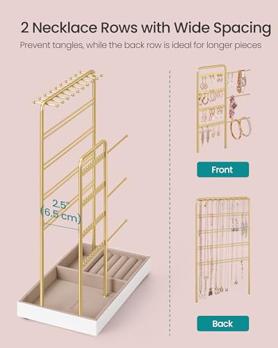SONGMICS Necklace Holder, Jewelry Stand Holder Organizer, Jewelry Display with Metal Frame, Velvet Tray, Earring Bracelet Holder, for Gift Idea, 5.5 x 9.4 x 14.1 inch, Pale Gold UJJS028A01 - color: Pale Gold, size: 5.5"D x 9.4"W x 14.1"H