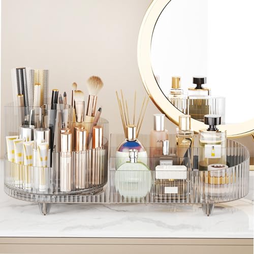 Rotating Makeup Organizer for Vanity with Brush Holder, Cosmetic Makeup Storage Organizer, Large Spinning Makeup Skincare Organizer, Countertop Makeup Perfume, Lotions Display Case (Transparent) - color: Transparent