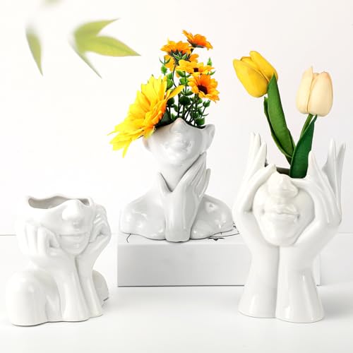Sieral 3 Pcs Ceramic Face Vase Female Form Flower Modern Body Vase for Decor with Head Half Body Bust Centerpiece for Table Shelf Home Bedroom Room Office(Large,White) - color: White, size: Large