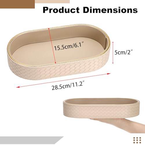 Hipiwe Perfume Trays PU Leather Vanity Tray for Dresser Bathroom Valet Trays Oval Desk Tray Jewelry Dish Holder Decorative Catchall Trays Nightstand Organizer, Beige - color: Beige