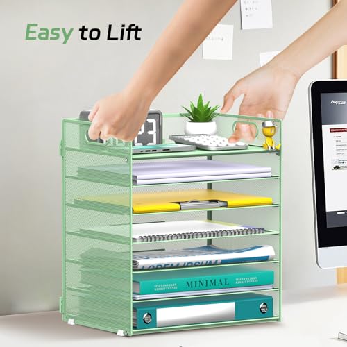 7 Tier Paper Organizer - Mesh Desktop File Holder with Handles for Office School Desk, Black (Mint green) - color: Mint green