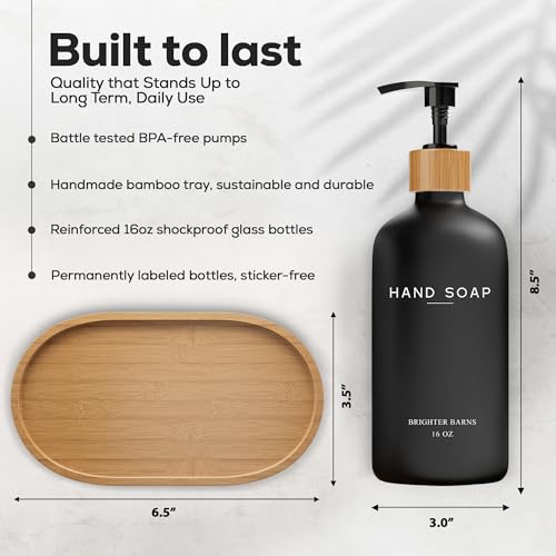 Black Glass Hand and Dish Soap Dispenser Set by Brighter Barns - Kitchen Soap Dispenser Set with Tray - Bamboo Pump Bottles for Kitchen Sink - Boho Modern Home Decor, Neutral Home Accessories (Black) - color: Black Hd