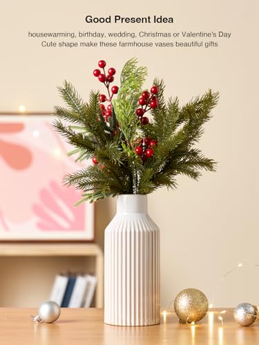 STHIE White Ceramic Flower Vase, 8 Inch Rustic Farmhouse Minimalist Vases Home Decor, Small Pampas Grass Vases for Table Living Room Bookshelf Bedroom Bathroom Kitchen (White Beige) - color: 1 White Beige