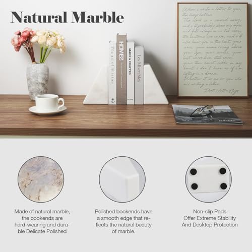 Karibiber Marble Book Ends Decorative, Unique Bookends for Shelves, White Stone Bookends Holds Heavy Books, Weighted Book Holder Stopper for Home Office Desk Bookshelf Decoration, Set of 2 - color: Fantasy White