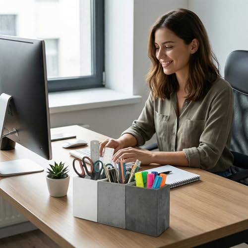 MyGift Pen Holder Pencil Holder For Desk,Pen Cup Holder For Desk,Concrete Desktop Pencil Cup,Modern Gray-Tone,Set of 3 - color: White-Gray-Black