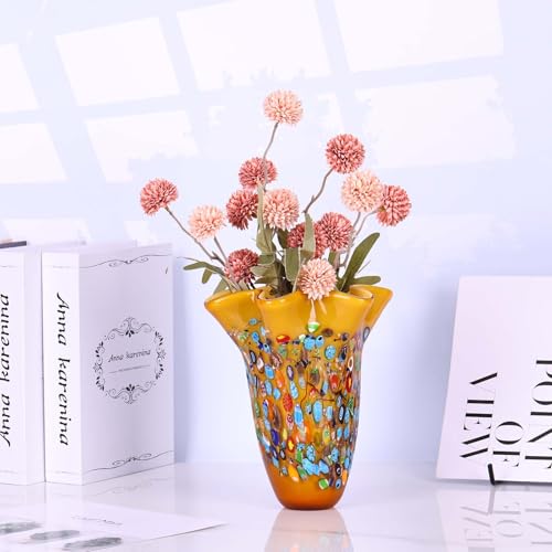 DOVDOV Handmade Glass Blown Orange Wide Mouth Irregular Vase, Modern Art Decoration for Home Office Living Room Dining Table Centerpiece