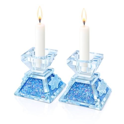 Tamara Baskin Art Glass – Handmade Crystal Shabbat Candle Holders Set - Sparkling Sky Blue - color: Sparkling Sky Blue