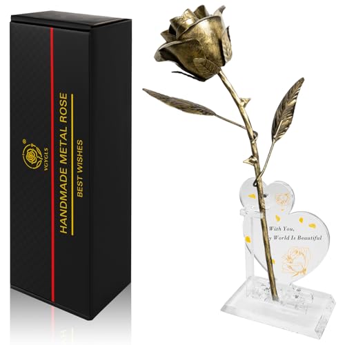 Handmade Bronze Rose - Bronze for Her (8th & 19th) - Dual Photo Stands Metal Art Sculpture - color: Bronze