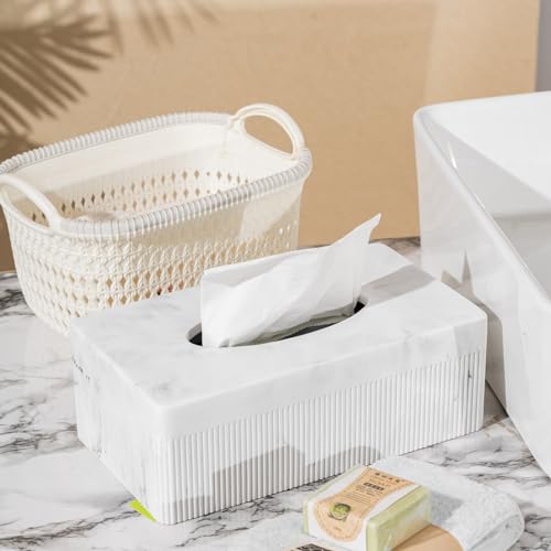 Marble Tissue Box Cover, Rectangular Napkin Facial Tissues Holder for Home Office, Hand Poured Marble Tissue Box Holder, 10 x 5.7 x 3.7 inches, White - color: B-white