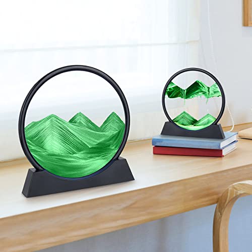Herecanli Moving Sand Art Picture - 3D Quicksand Painting Decor - Round Glass 3D Deep Sea Sandscape - Relaxing Decoration for Home,Office,Desk,Mantle,Bookshelf,Room- (Green, 7 in) - color: Green, size: 7"