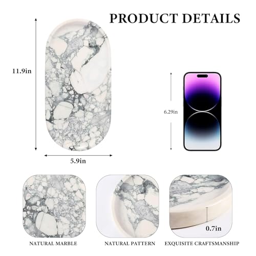 Koville Natural Marble Tray for Bathroom Countertop, Marble Vanity Trays for Perfume, Cosmetics, Jewelry, Decorative Tray for Dresser Organizer, Stone Storage Trays for Bathroom Decor(Grey) - color: Elegant Light Gray, size: 12" x 6" x 0.7"