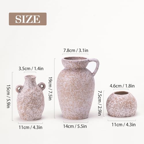Stone Vase Home Table Decor, Beige Ceramic Stone Modern Rustic Farmhouse Vase Set of 3 Centerpiece for Shelf Bedroom Bathroom Desk - color: 16 Khaki