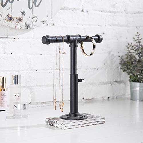MyGift Industrial Pipe Black Metal T-Bar Adjustable Height Jewelry, Bracelet & Necklace Display Stand with Torched Wood Base - color: Black / Torched Wood