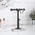 MyGift Industrial Pipe Black Metal T-Bar Adjustable Height Jewelry, Bracelet & Necklace Display Stand with Torched Wood Base - color: Black / Torched Wood