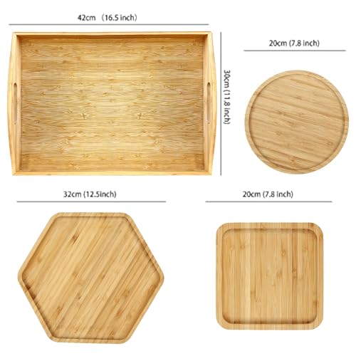 Bamboo Serving Tray Dinner Plates Cheese Board 16.5"x11.8"（42x30cm with Handle, Set Includes 1xHexagon 12.5"(32cm)+1xSquare 7.8"(20cm)+1xCircle 7.8"(20cm) - color: A-hexagon+square+circle