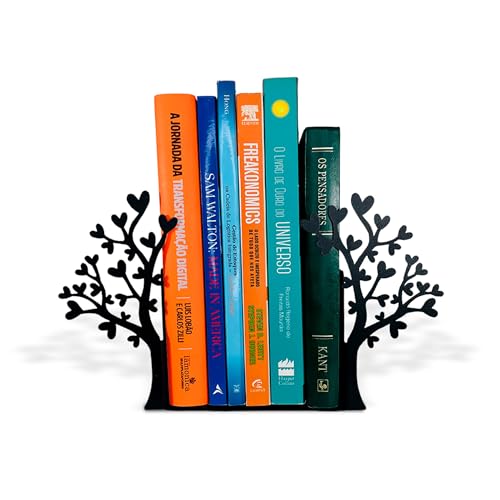 Tree Bookends with Heart-Shaped Leaves - Steel with Epoxy Coating and Wood Base - Decorative Pair of Book Holders for Shelves and Desk - Black – Geguton - color: Flower-heart Tree - Black