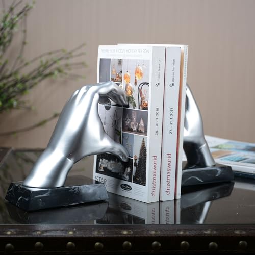 HAUCOZE Decorative Book Ends Heart Hand Statue Sculpture Modern Home Decor Table Centerpiece Gift for Office Bookshelf Silver 12.2 Inch - color: Silver