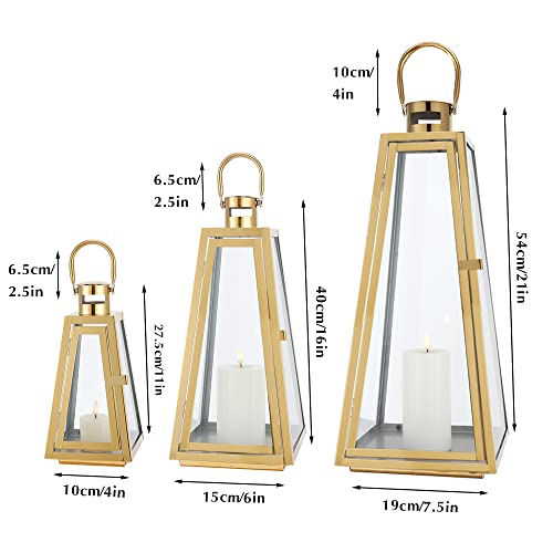 TRIROCKS Set of 3 Stainless Steel Candle Lantern 21/16/11''H Metal Outdoor Candle Holder Decorative Hanging Lantern with Tempered Glass for Home Living Room Parties Event Indoor Outdoor(Gold Triangle) - color: Gold