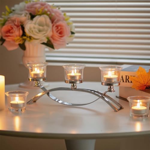 3-Arm Metal Tea Light Candle Holder Set with 5 Glass Cups, Votive Candle Holders Centerpiece Candelabra for Wedding Table Decor, Home Gatherings and Holidays (Silver, 5 Cups) - color: Silver, size: 5 Cups