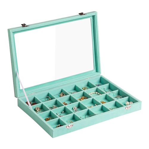 Frebeauty Velvet Jewelry Tray,24 Grid Jewelry Organizer with Clear Lid,Earring Holder Organizer with Clasp,Drawer Insert Rings Pendants Brooches,13.8 x 9.5 x 2 Inches,Gift for Women Girls(Turquoise) - color: Turquoise, size: 24 Grid